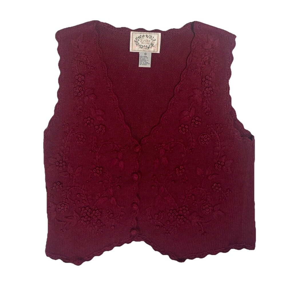 Erika Vintage Cottagecore Cardigan Sweater Vest Burgundy Embroidered Sz Sm